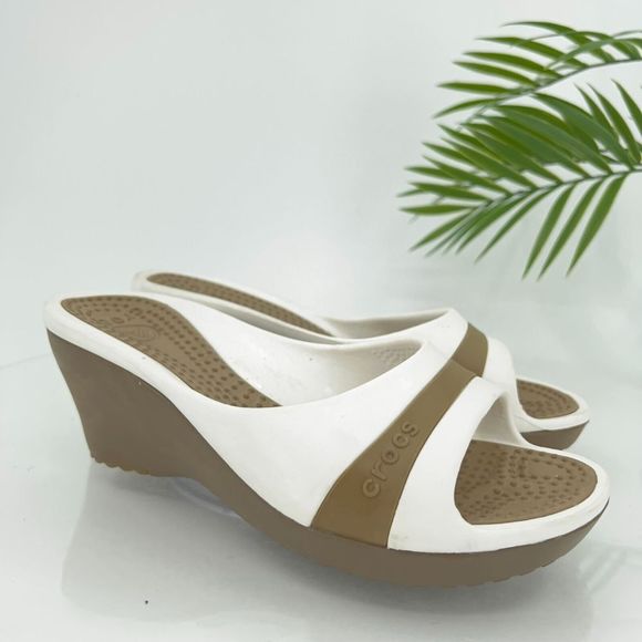 CROCS Shoes - Crocs Sassari Slide Sandal Women's Size 7 Brown White Rubber Slip On Shoes